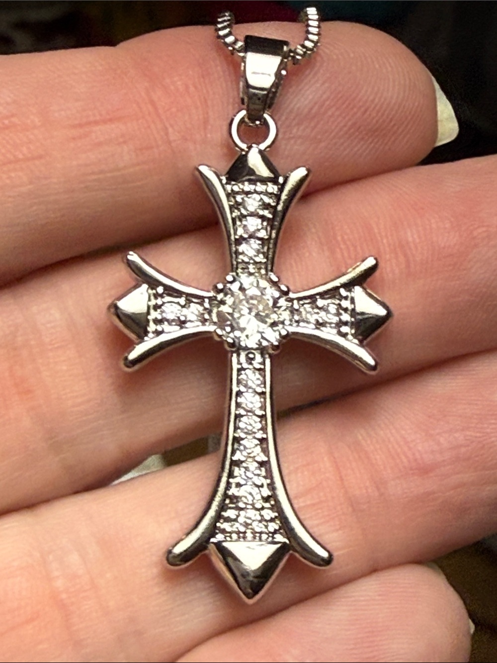 Stainless Steel Silver Cross Pendant Necklace Moissanite Diamonds NEW 18-20”